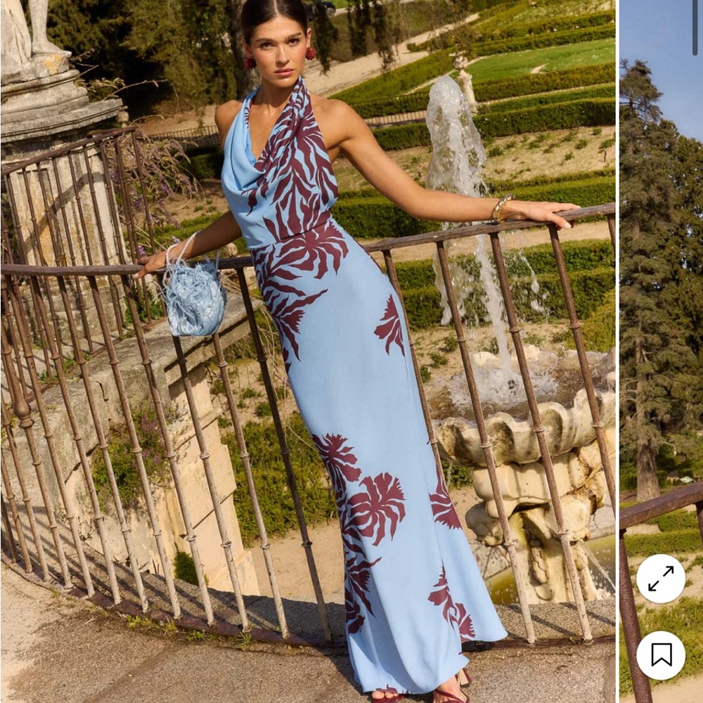 Light Blue Halter Maxi Dress with Brown Leaf Print